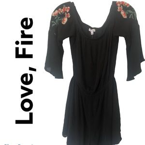 Love, Fire Off Shoulder Black Embroidered Romper M NWT